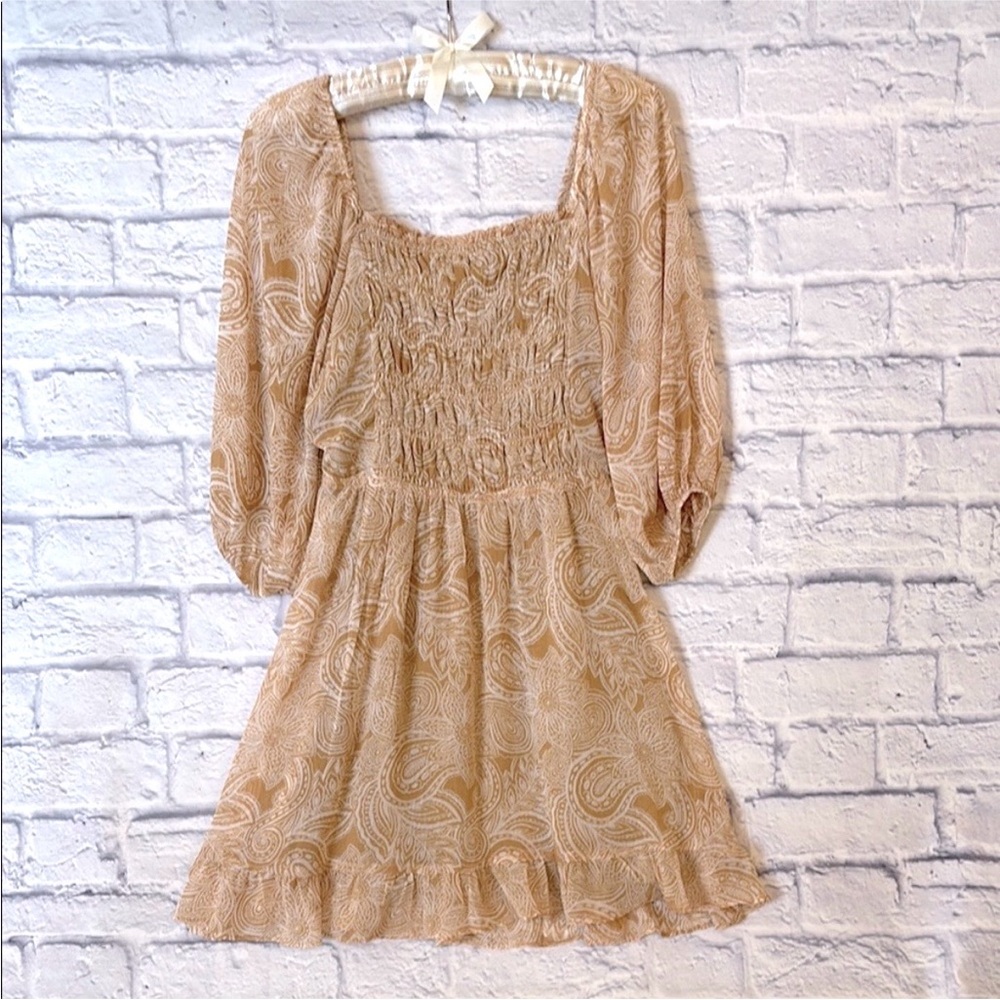 Sienna Sky Puff Sleeve Dress Tan White Floral Cottage Boho Feminine Size Medium